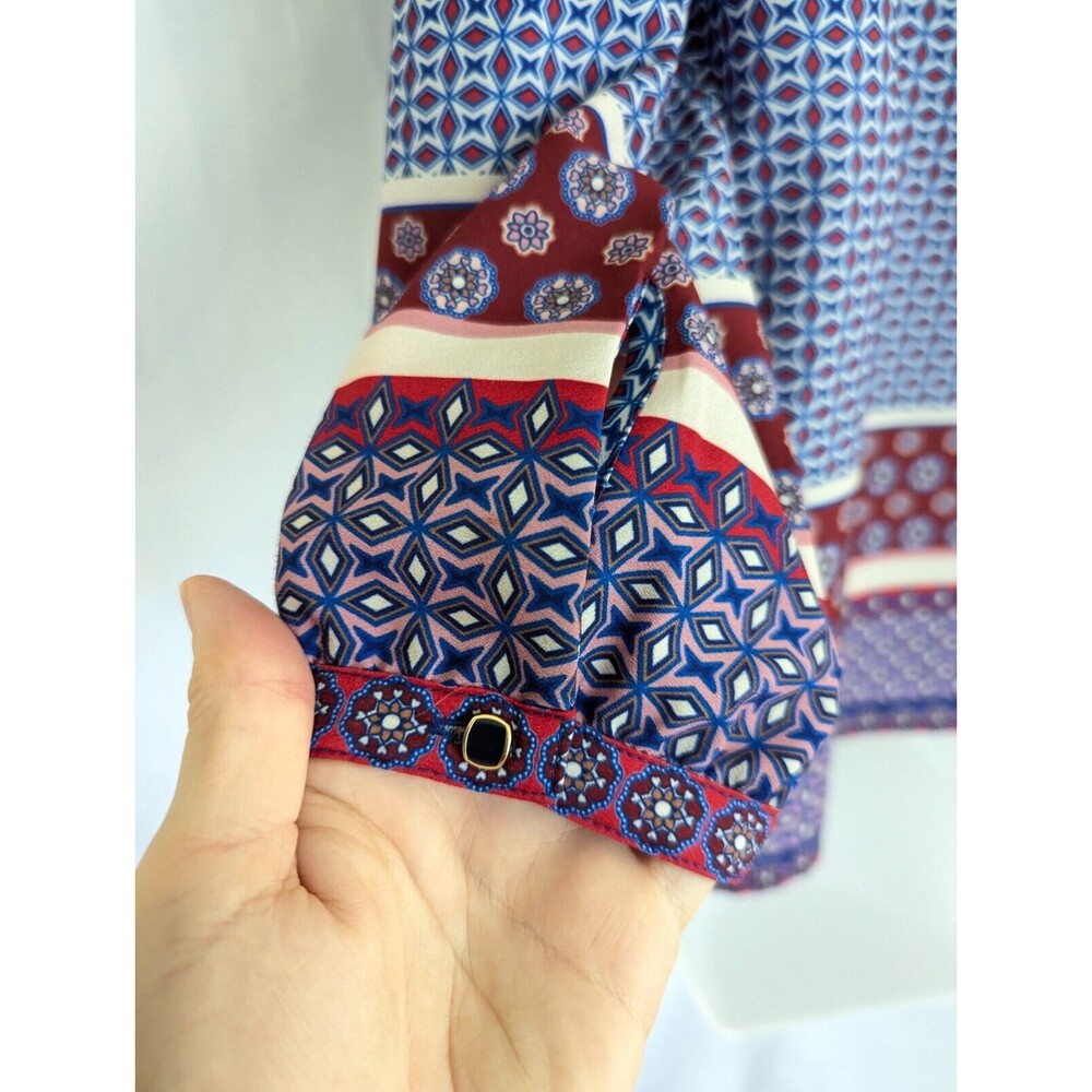 Talbots Petite Blouse PM Blue Geometric Art to Wear 3/4 Sleeve Mod Career Top - Picture 5 of 12